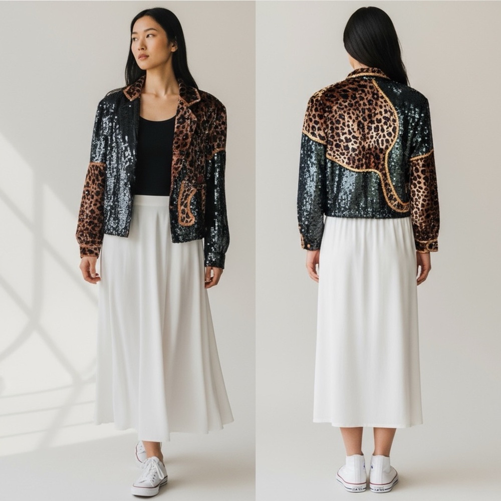 🌻Vintage MODI Exotic Leopard Jeweled Beaded Silk Jacket Circa 1980s Size Medium - Picture 2 of 12